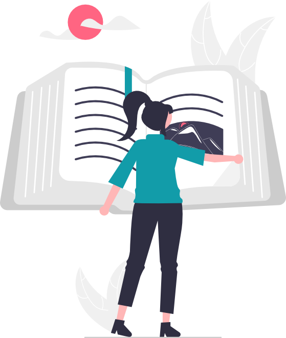 Illustration einer Person die einem einem großen Buch etwas nachschaut.